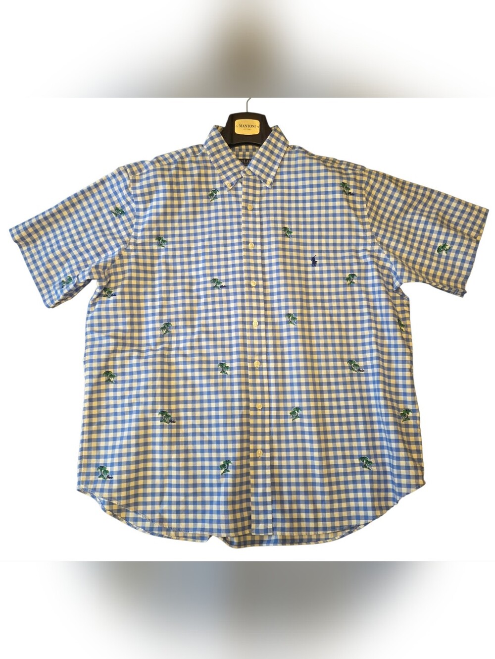 Polo by Ralph Lauren Blue Gingham Button-Down Shirt with Embroidered Palms